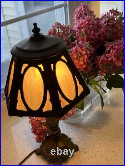 Art Nouveau slag glass table lamp with silver-plated metal base and frame