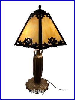 Art nouveau 24 table lamp bronze base with 6 Panel slag glass shade