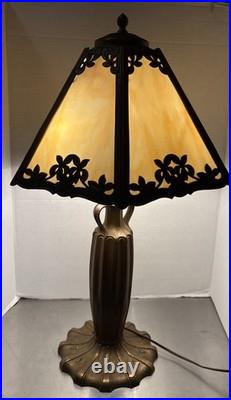 Art nouveau 24 table lamp bronze base with 6 Panel slag glass shade