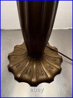 Art nouveau 24 table lamp bronze base with 6 Panel slag glass shade