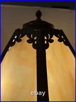 Art nouveau 24 table lamp bronze base with 6 Panel slag glass shade