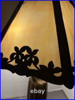 Art nouveau 24 table lamp bronze base with 6 Panel slag glass shade