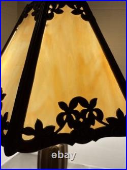 Art nouveau 24 table lamp bronze base with 6 Panel slag glass shade