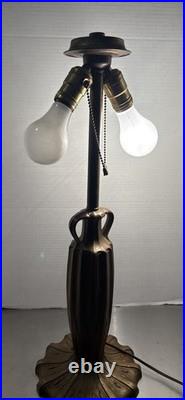 Art nouveau 24 table lamp bronze base with 6 Panel slag glass shade