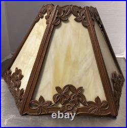 Art nouveau 24 table lamp bronze base with 6 Panel slag glass shade