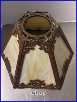 Art nouveau 24 table lamp bronze base with 6 Panel slag glass shade