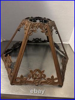 Art nouveau 24 table lamp bronze base with 6 Panel slag glass shade