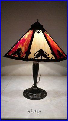 Art nouveau Signed Pittsburgh 20 shade/Handel era 8 panel slag glass lamp