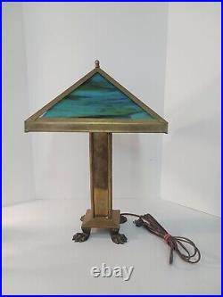 Arts And Crafts Style Lamp With Multi Color Slag Glass Shade Footed Brass