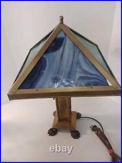 Arts And Crafts Style Lamp With Multi Color Slag Glass Shade Footed Brass