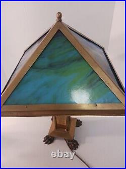 Arts And Crafts Style Lamp With Multi Color Slag Glass Shade Footed Brass