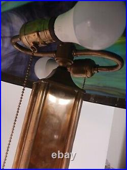 Arts And Crafts Style Lamp With Multi Color Slag Glass Shade Footed Brass