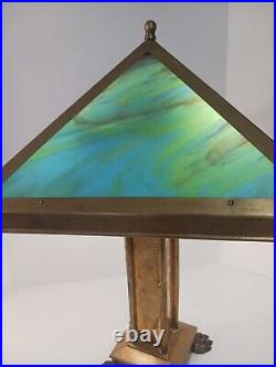 Arts And Crafts Style Lamp With Multi Color Slag Glass Shade Footed Brass
