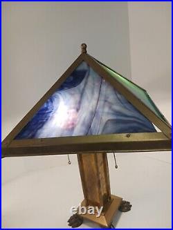 Arts And Crafts Style Lamp With Multi Color Slag Glass Shade Footed Brass