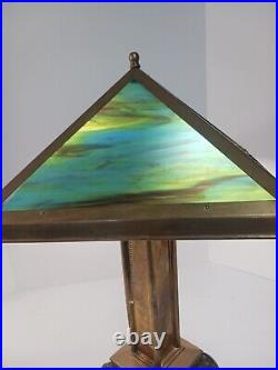 Arts And Crafts Style Lamp With Multi Color Slag Glass Shade Footed Brass