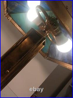 Arts And Crafts Style Lamp With Multi Color Slag Glass Shade Footed Brass