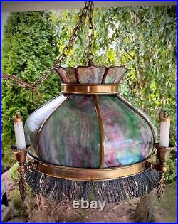Arts Craft CHANDELIER STAINED GLASS-John Morgan Slag Glass Chandelier Missions