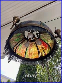 Arts Craft CHANDELIER STAINED GLASS-John Morgan Slag Glass Chandelier Missions