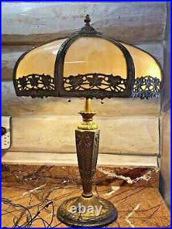 Arts & Crafts 8 Panel Slag Glass Shade & Brass Lamp