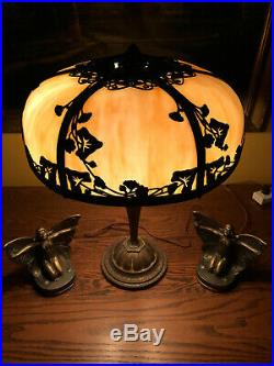 Arts Crafts Antique Vintage Slag Glass Panel Lamp Bradley Hubbard Handel Era NR
