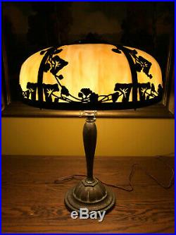 Arts Crafts Antique Vintage Slag Glass Panel Lamp Bradley Hubbard Handel Era NR