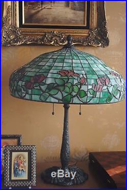 Arts&Crafts, Art Nouveau Era GorhamRed Rose Leaded Stained Slag Glass Lamp