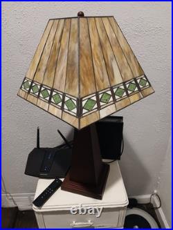Arts & Crafts Beige/Green Slag Glass Style Shade Vintage Lamp Cool Bronze Stand