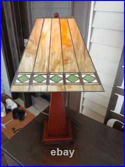 Arts & Crafts Beige/Green Slag Glass Style Shade Vintage Lamp Cool Bronze Stand