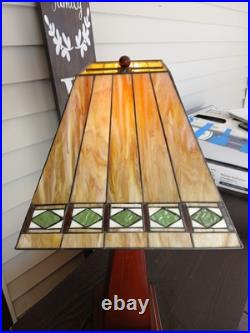 Arts & Crafts Beige/Green Slag Glass Style Shade Vintage Lamp Cool Bronze Stand