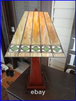 Arts & Crafts Beige/Green Slag Glass Style Shade Vintage Lamp Cool Bronze Stand
