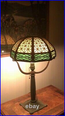 Arts Crafts Bradley & Hubbard Slag Glass Lamp ANTIQUE BRONZE SPIDER! Handel Era