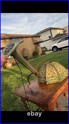 Arts Crafts Bradley & Hubbard Slag Glass Lamp ANTIQUE BRONZE SPIDER! Handel Era