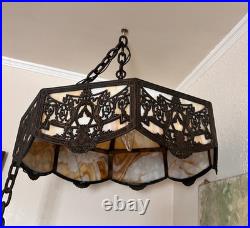 Arts & Crafts Chandelier Slag Glass-3 Cluster Light Lamp Bungalow Fixture BH
