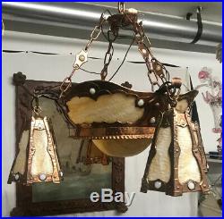 Arts & Crafts Copper & Slag Glass With Jewels Hanging Lamp