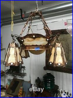 Arts & Crafts Copper & Slag Glass With Jewels Hanging Lamp