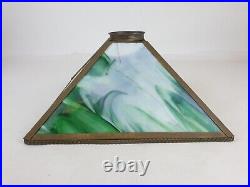 Arts & Crafts Green White Swirl Stained Slag Glass & Metal Lamp Shade VTG Square