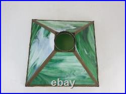 Arts & Crafts Green White Swirl Stained Slag Glass & Metal Lamp Shade VTG Square