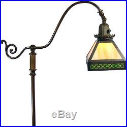 Arts & Crafts Handel Bronze Floor Lamp with Green Slag Glass Shade 1920's