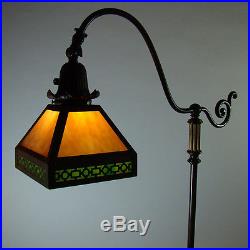Arts & Crafts Handel Bronze Floor Lamp with Green Slag Glass Shade 1920's