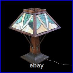 Arts & Crafts Limbert Style Lamp Oak Slag Glass Arts & Crafts Limbert Style Lamp Oak Slag Glass