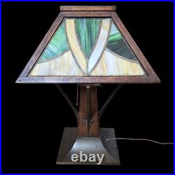 Arts & Crafts Limbert Style Lamp Oak Slag Glass Arts & Crafts Limbert Style Lamp Oak Slag Glass