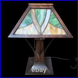 Arts & Crafts Limbert Style Lamp Oak Slag Glass