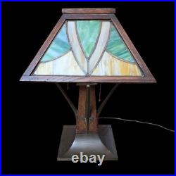 Arts & Crafts Limbert Style Lamp Oak Slag Glass Arts & Crafts Limbert Style Lamp Oak Slag Glass