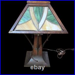 Arts & Crafts Limbert Style Lamp Oak Slag Glass