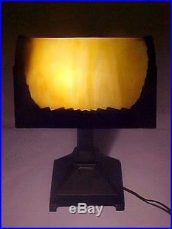 Arts & Crafts Mission Bronze Desk Lamp With Slag Glass Shade Ca 1915