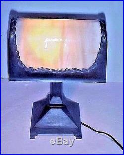 Arts & Crafts Mission Bronze Desk Lamp With Slag Glass Shade Ca 1915