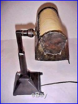Arts & Crafts Mission Bronze Desk Lamp With Slag Glass Shade Ca 1915