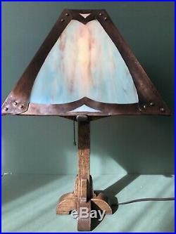 Arts & Crafts Mission Lamp Stained Slag Glass Shade Oak Base Handmade Bungalow