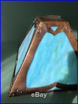 Arts & Crafts Mission Lamp Stained Slag Glass Shade Oak Base Handmade Bungalow