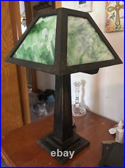 Arts & Crafts Mission Oak Green Slag Glass Table Lamp 24 WB Brown #223 Pat 1906